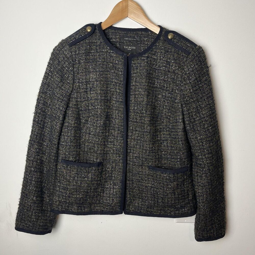 Talbots Jacket Womens 6P Navy Tweed Boucle Open‎ Front Epaulettes Italian Fabric